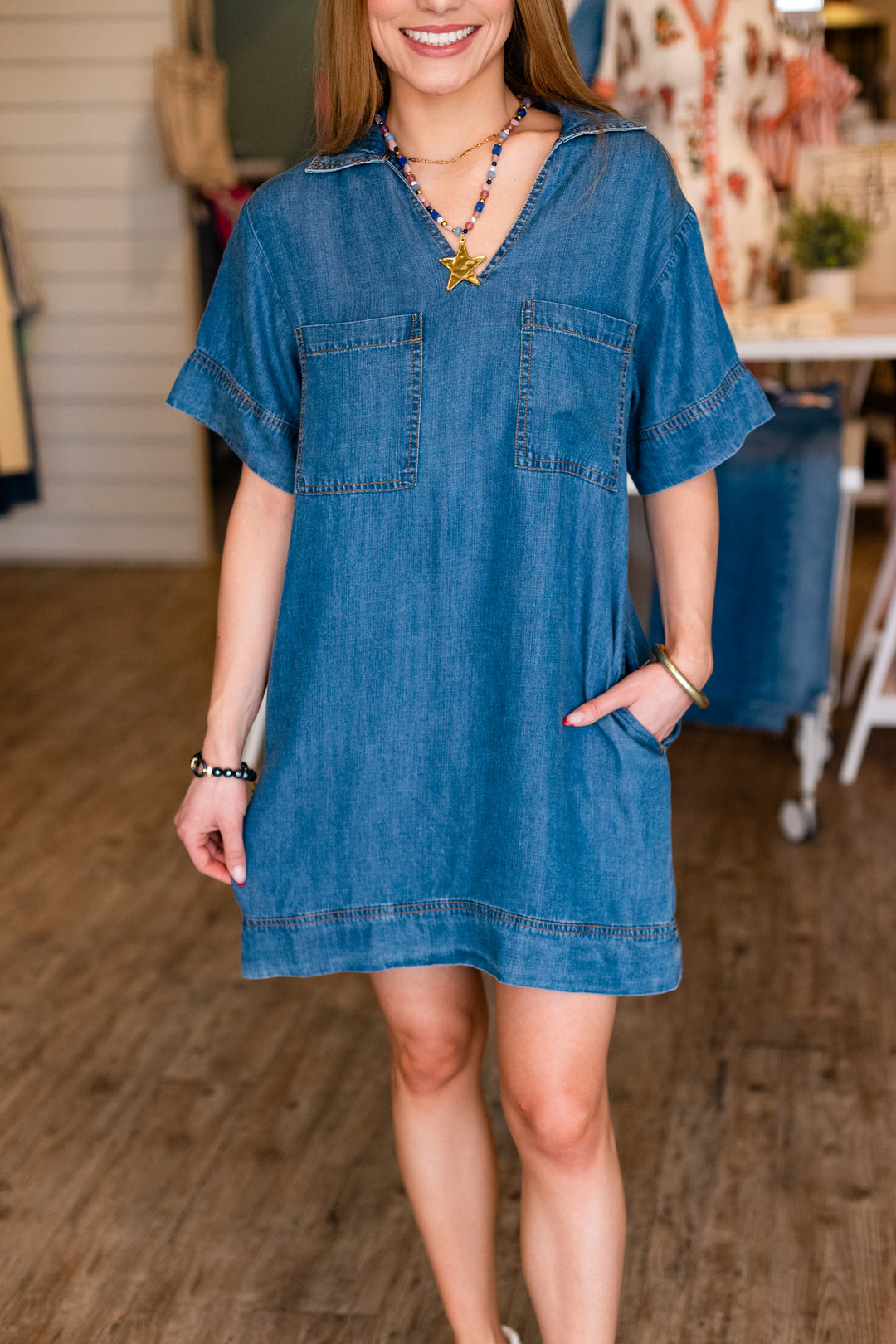 COLLARED DENIM TENCEL DRESS