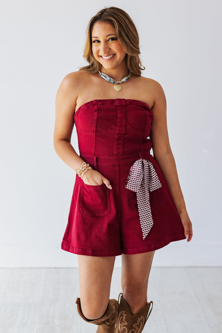 STRAPLESS DENIM ROMPER: GARNET RED