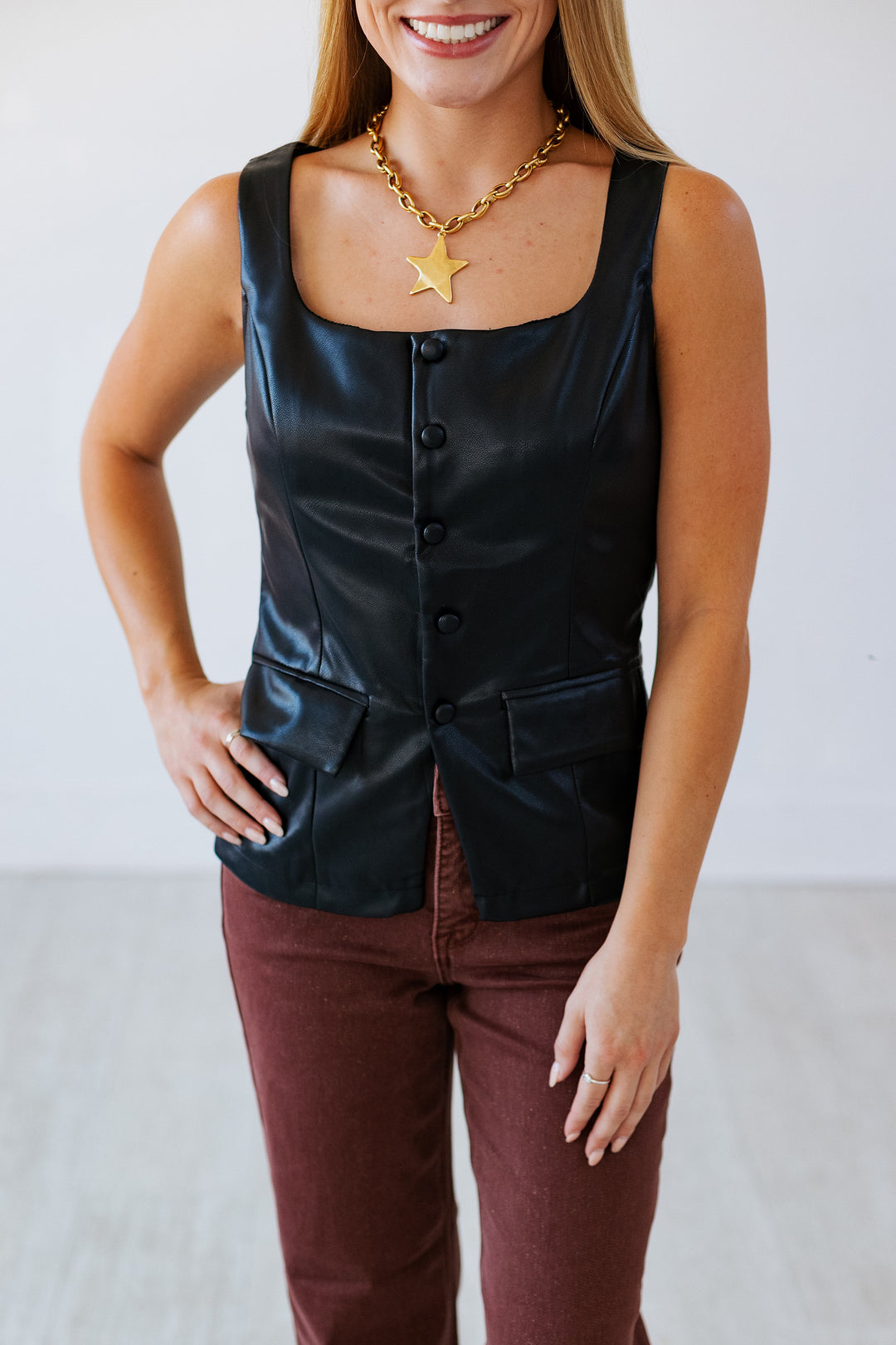 BLACK FAUX LEATHER BUTTON UP VEST