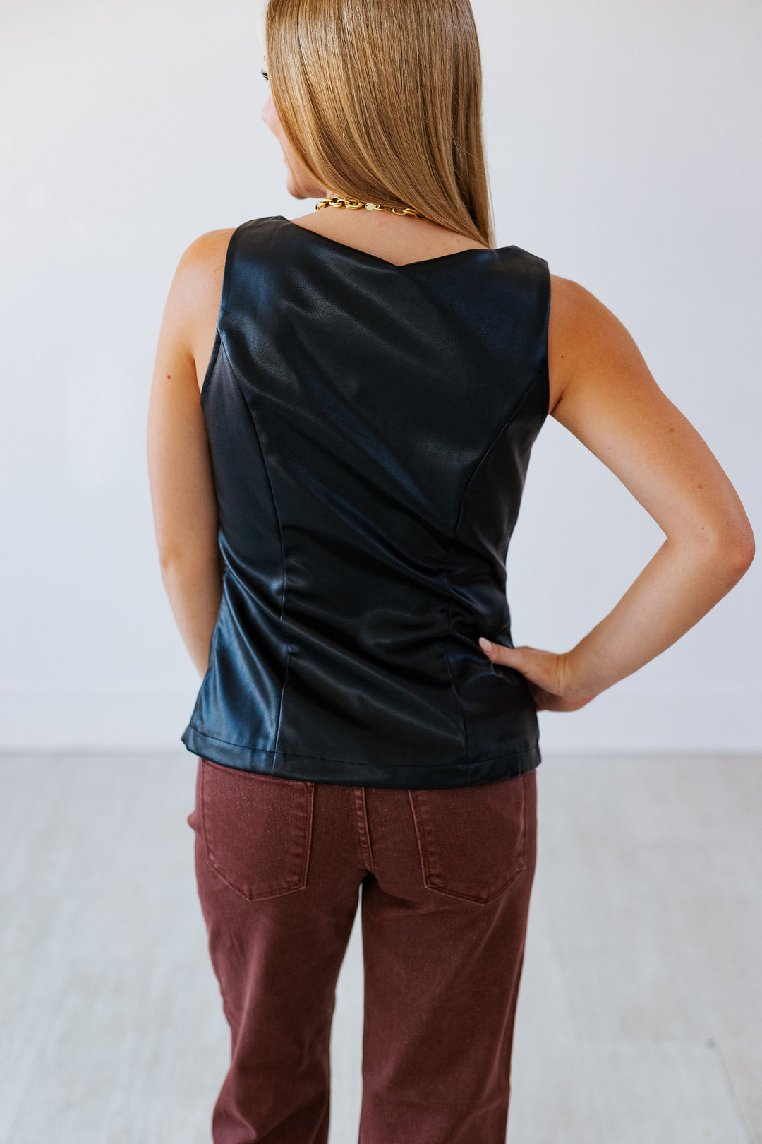 BLACK FAUX LEATHER BUTTON UP VEST