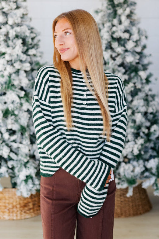 FOREST GREEN STRIPE HENLEY SWEATER