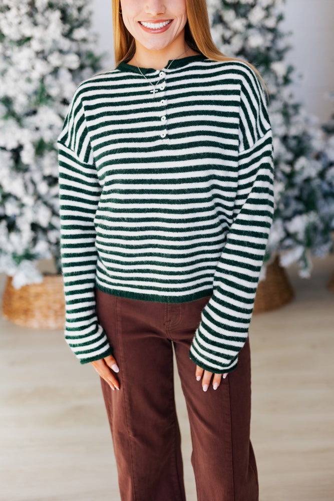 FOREST GREEN STRIPE HENLEY SWEATER