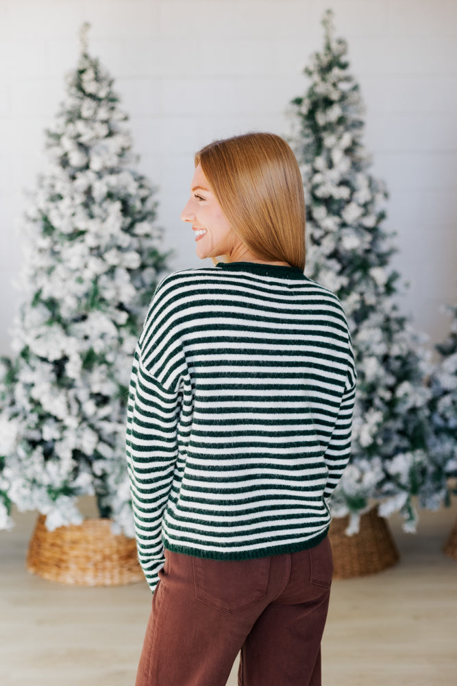 FOREST GREEN STRIPE HENLEY SWEATER