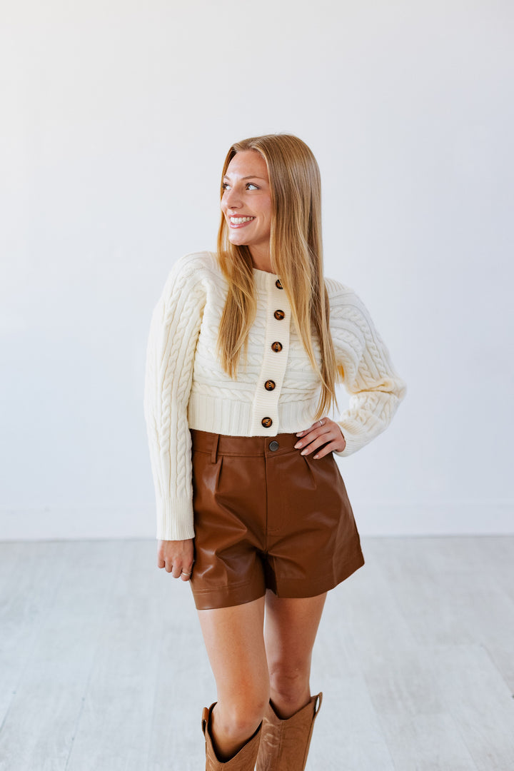 CAMEL BROWN FAUX LEATHER SHORT