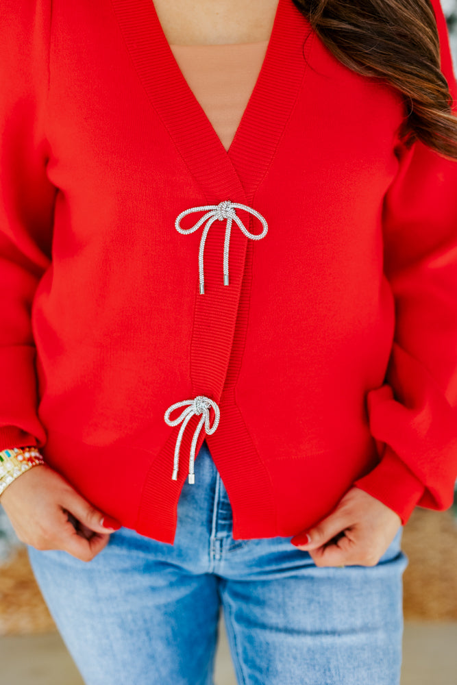 SILVER BELLS BOW TRIM CARDIGAN- RED