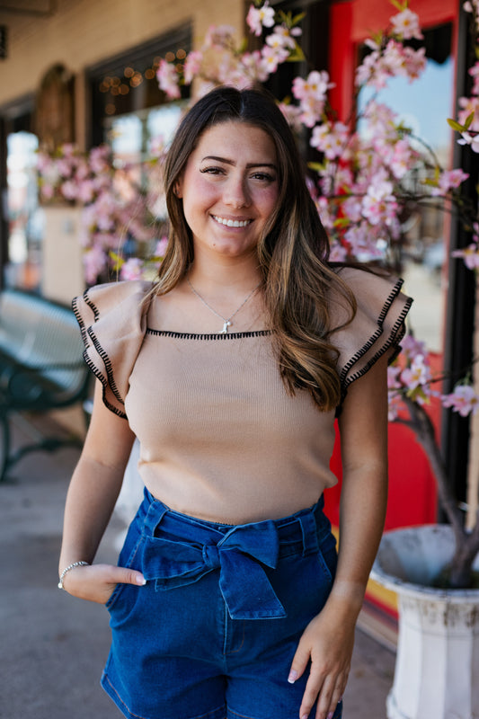 DOUBLE RUFFLE TOP / TAUPE