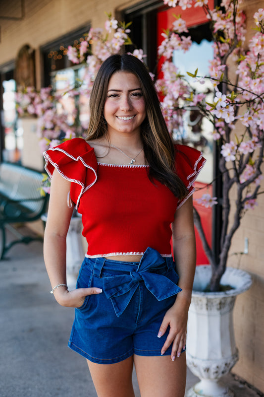 DOUBLE RUFFLE TOP/ RED