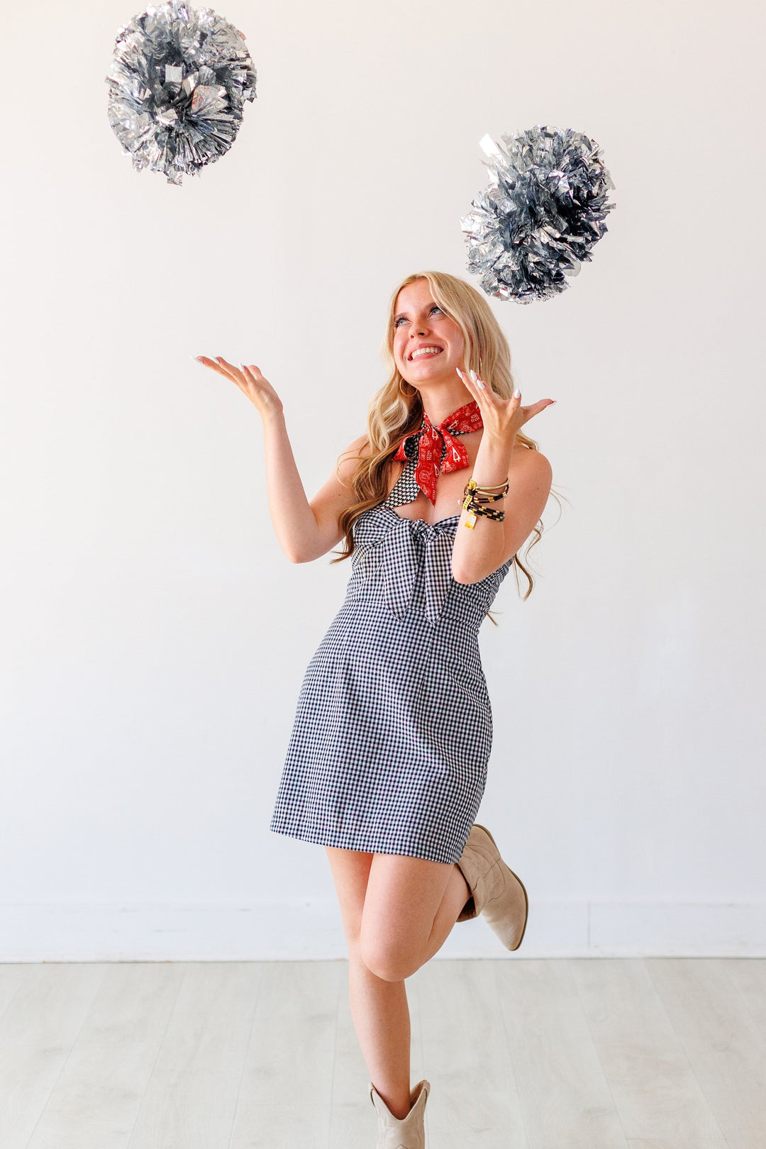 BLACK GINGHAM TIE FRONT MINI DRESS