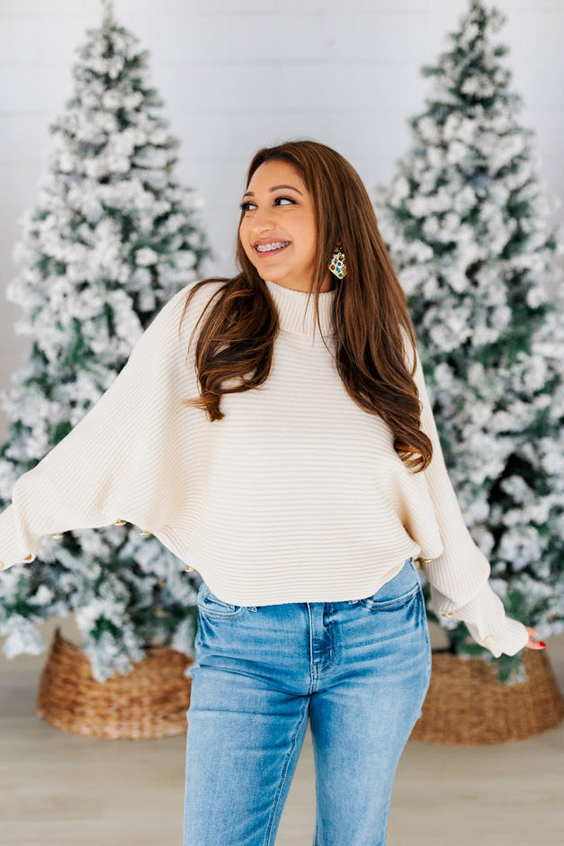 GOLD BUTTON SLEEVE SWEATER- CREAM