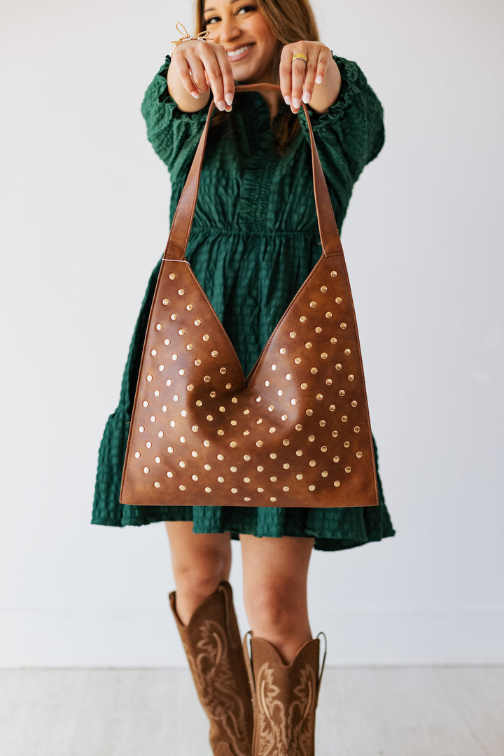 MODA LUXE: TORI STUDDED HOBO BAG- CHOCOLATE