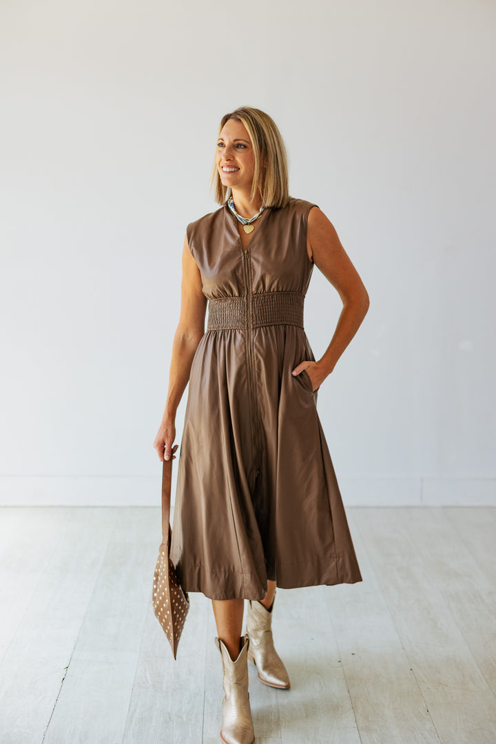 MOCHA MOUSSE LEATHER ZIP UP DRESS