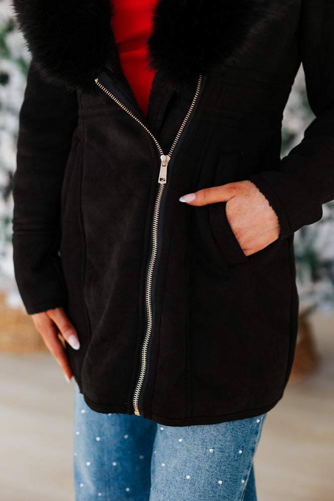 BLACK FUR TRIM SUEDE JACKET