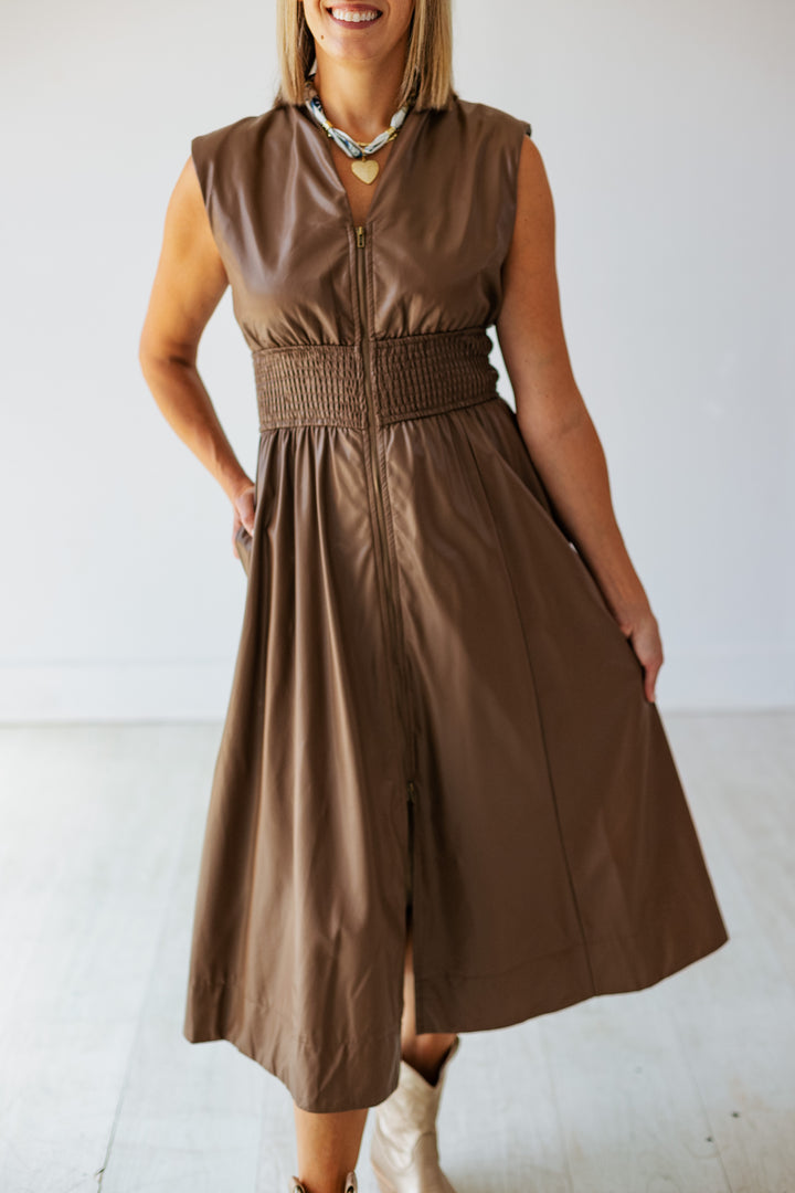MOCHA MOUSSE LEATHER ZIP UP DRESS