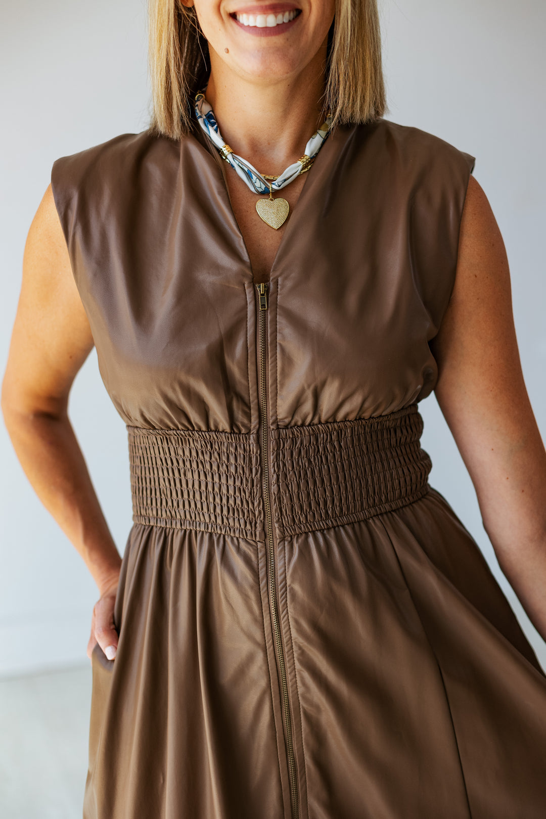 MOCHA MOUSSE LEATHER ZIP UP DRESS