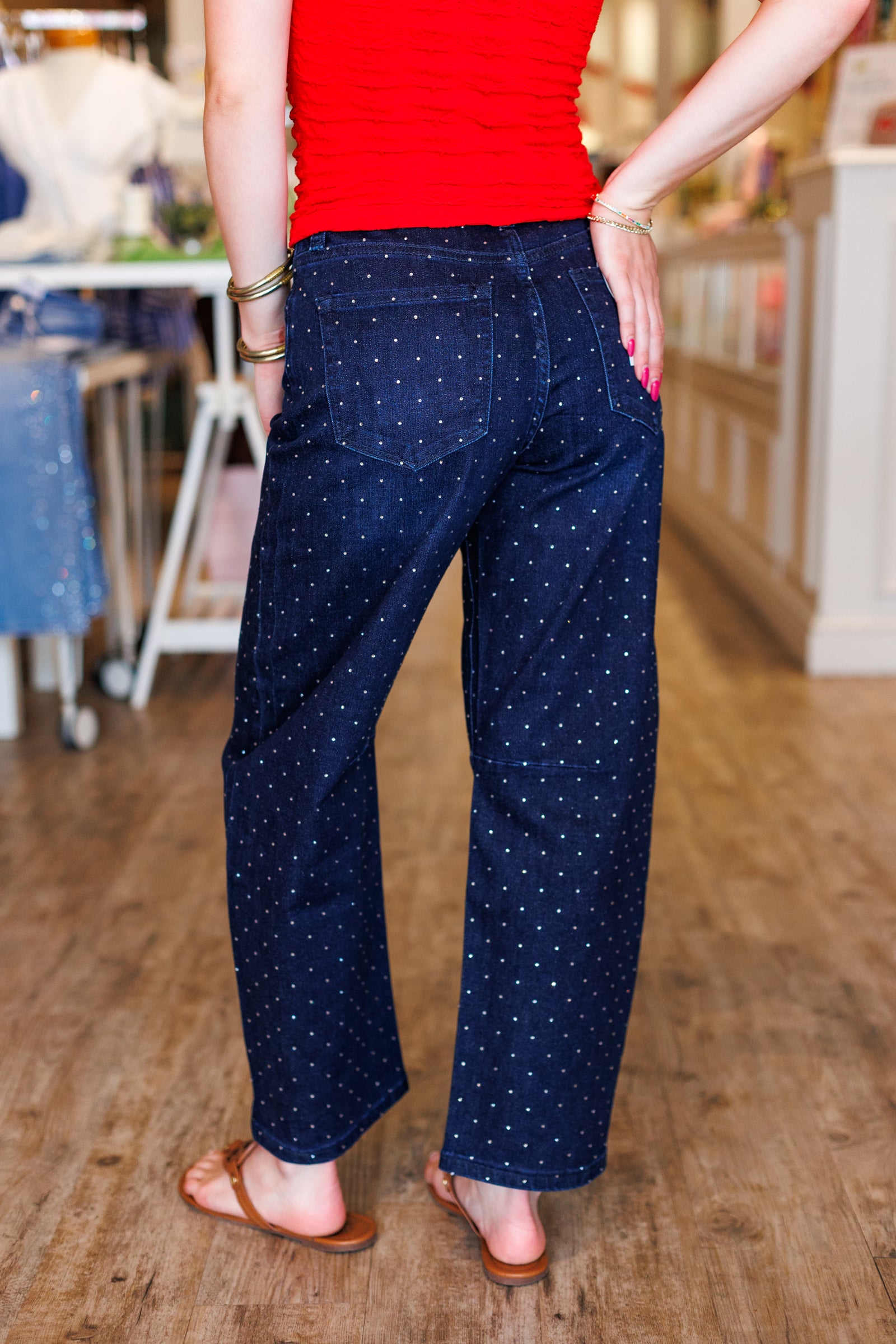 DARK DENIM RHINESTONE BARREL JEAN – The Palm Tree Boutique