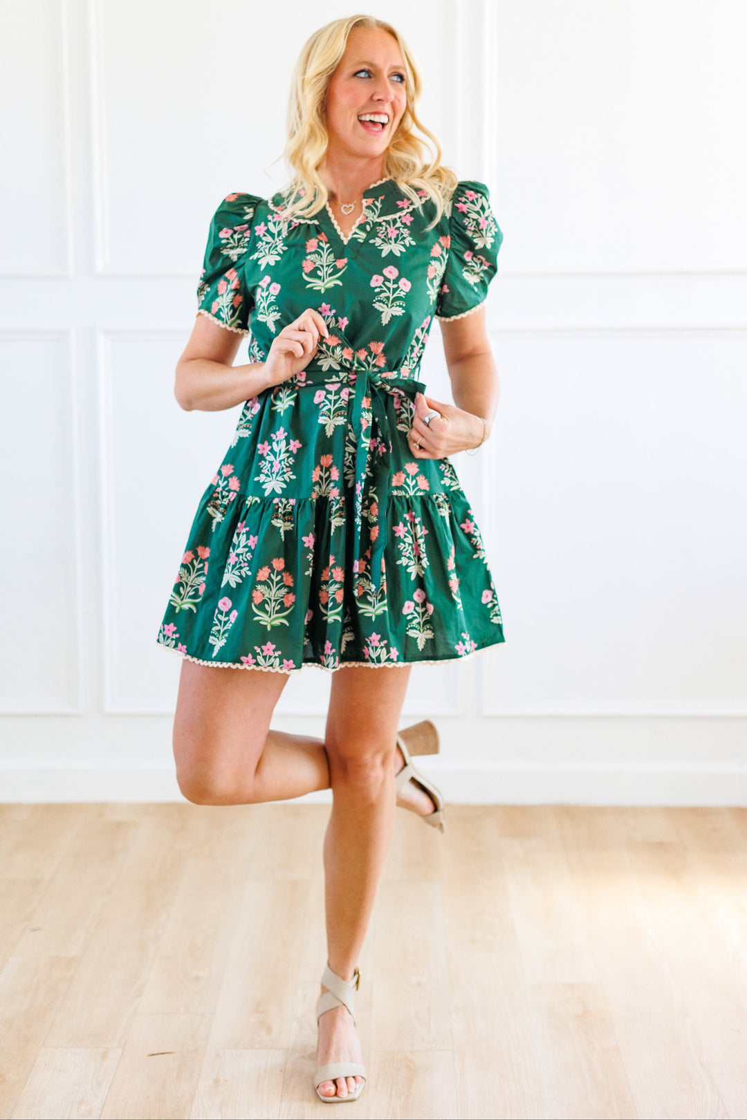 GREEN GARDEN FLORAL MINI DRESS