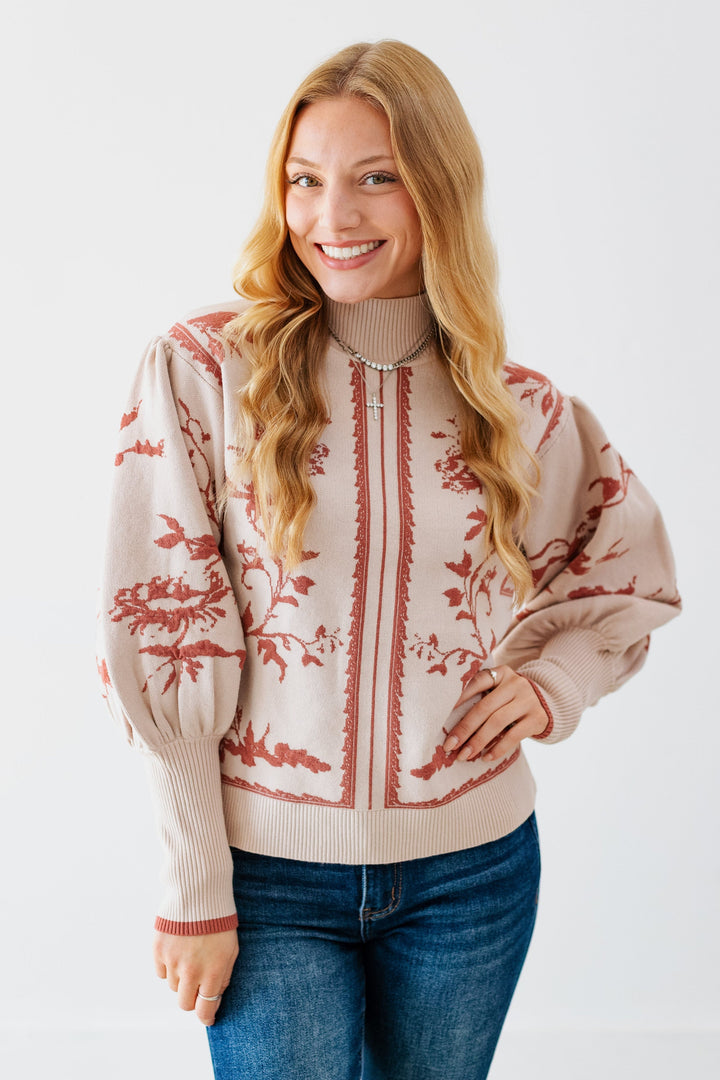 MAUVE FLORAL BALLOON SLEEVE SWEATER