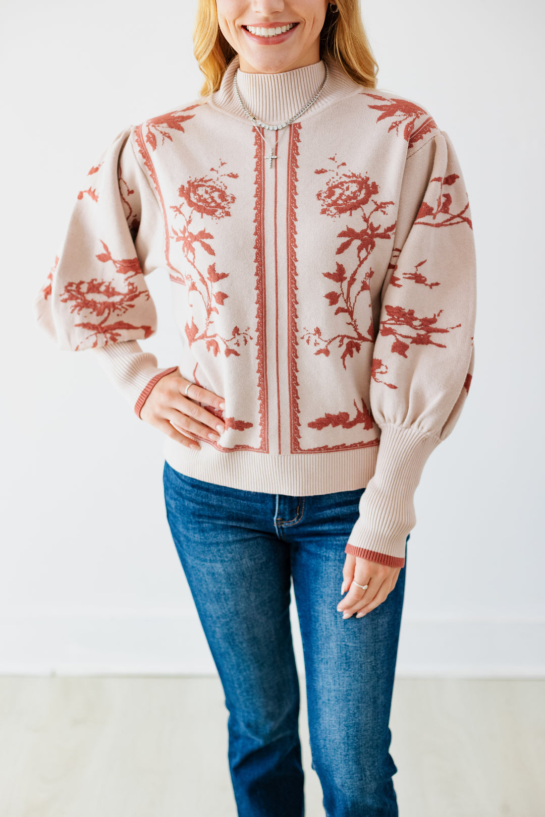 MAUVE FLORAL BALLOON SLEEVE SWEATER