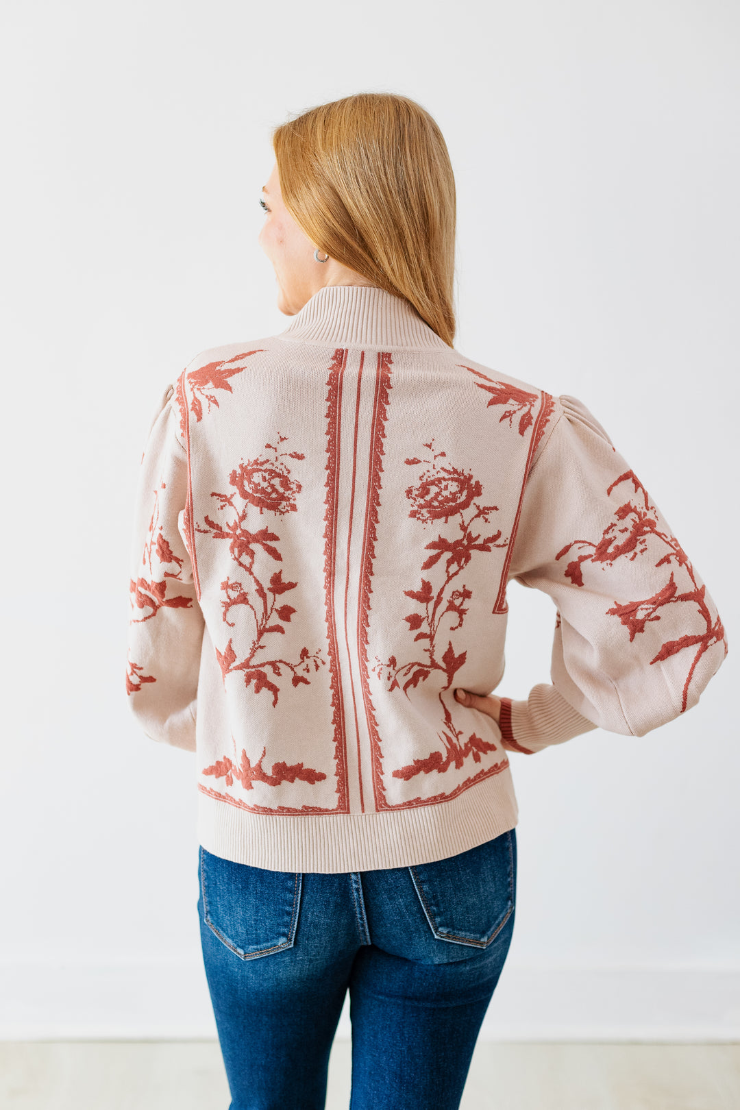 MAUVE FLORAL BALLOON SLEEVE SWEATER