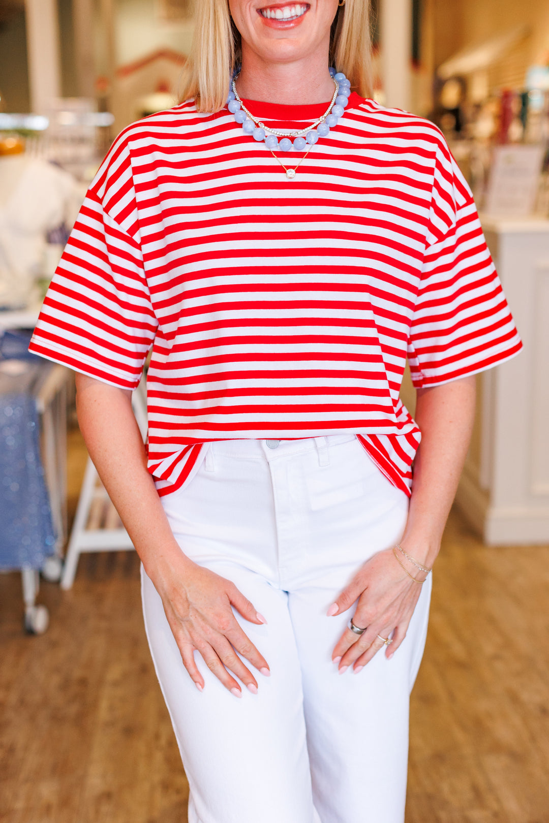 RED STRIPED BACK TIE BOXY TEE