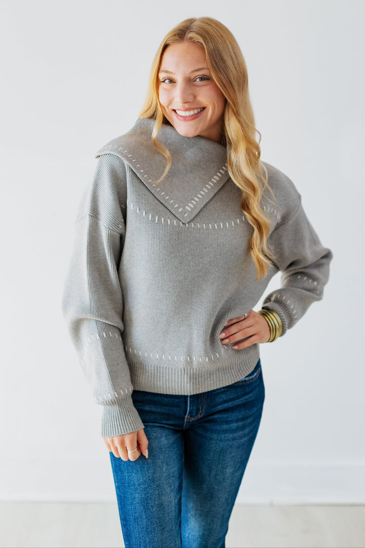 HEATHER GREY FOLDOVER COLLAR SWEATER