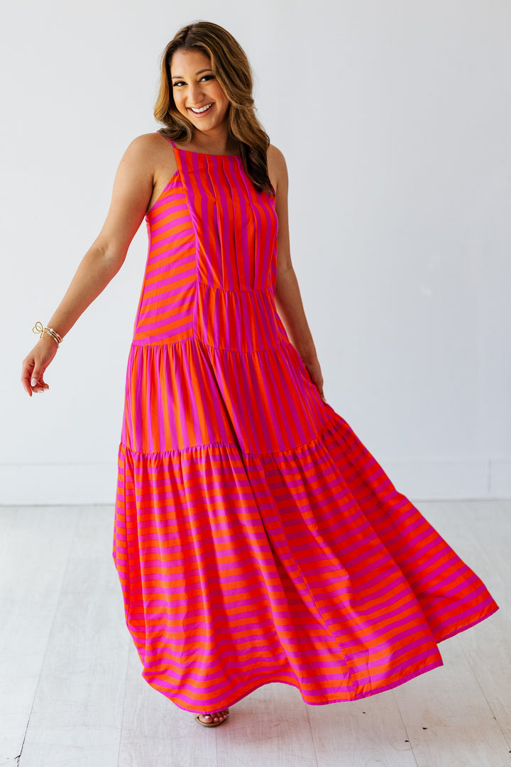 ORANGE & PINK STRIPED MAXI DRESS
