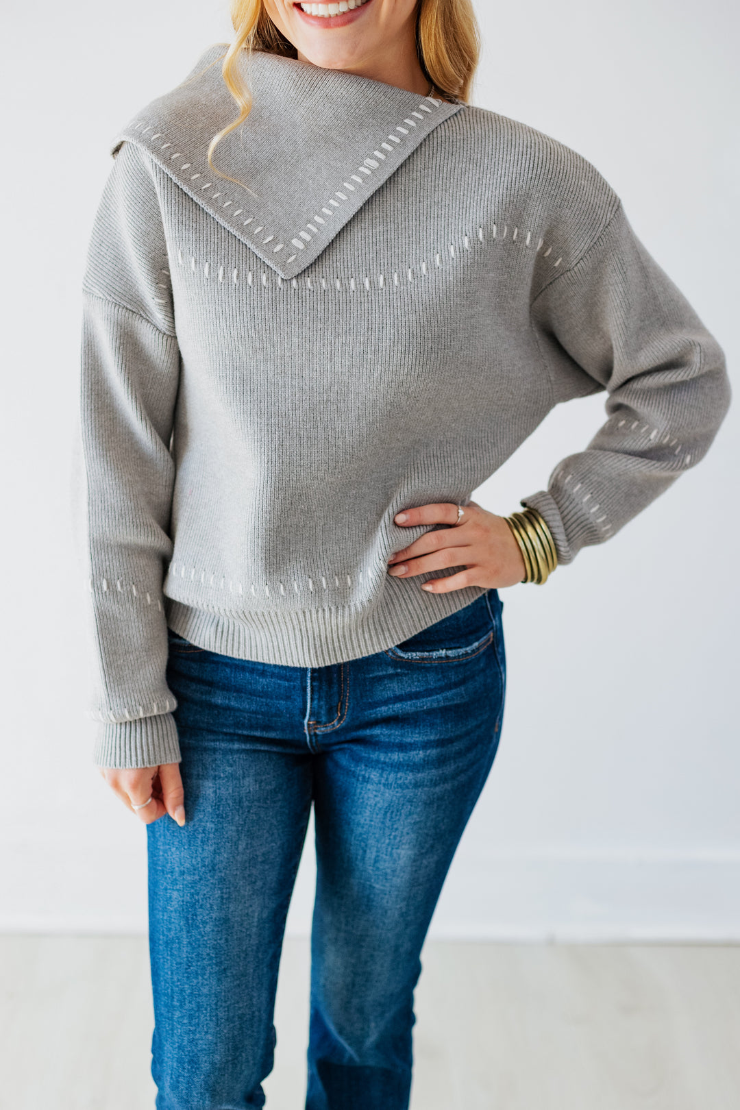 HEATHER GREY FOLDOVER COLLAR SWEATER