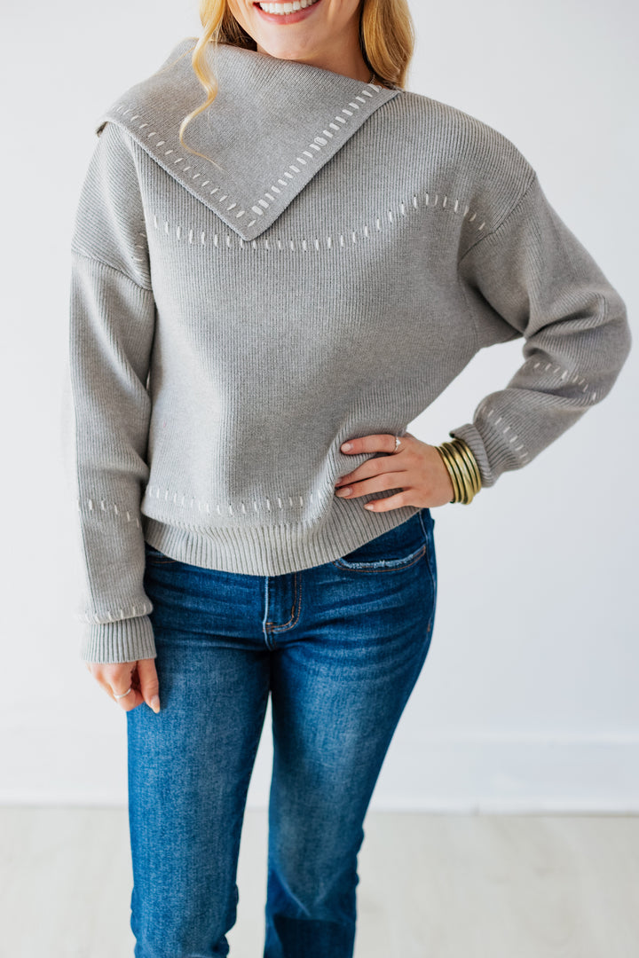HEATHER GREY FOLDOVER COLLAR SWEATER