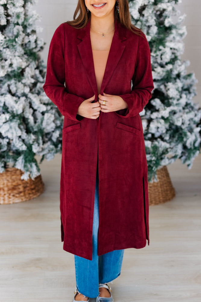 SUEDE DUSTER JACKET- BURGUNDY