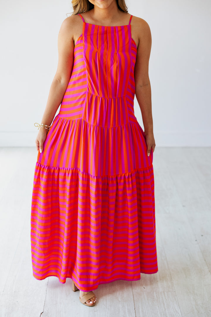 ORANGE & PINK STRIPED MAXI DRESS