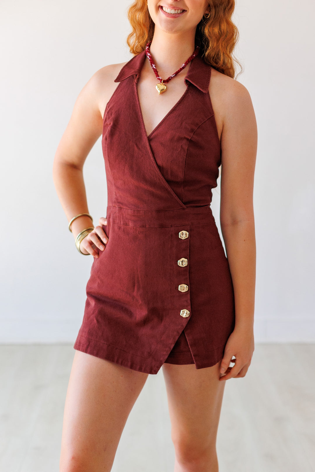 MAROON HALTER DENIM ROMPER