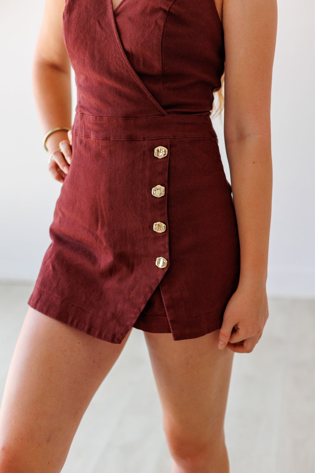 MAROON HALTER DENIM ROMPER