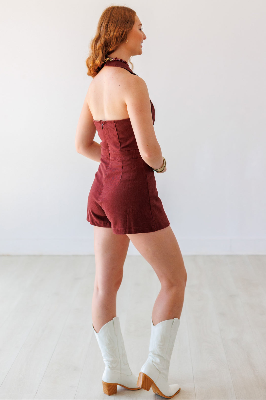 MAROON HALTER DENIM ROMPER