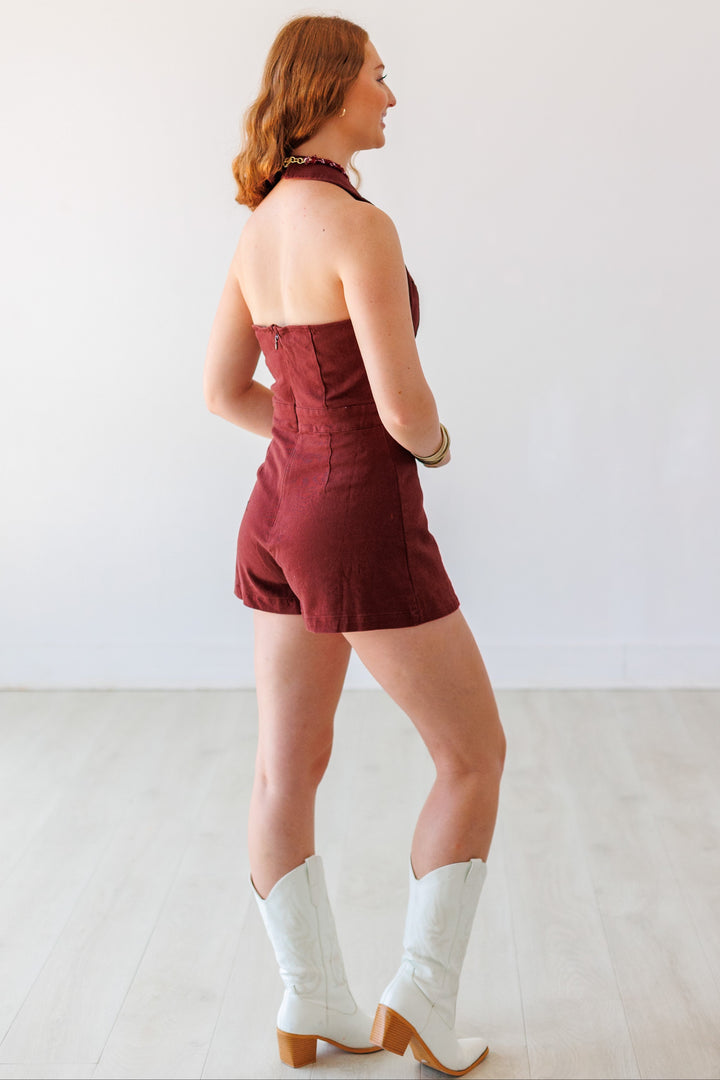 MAROON HALTER DENIM ROMPER