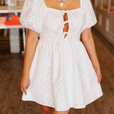 PUFF SLEEVE EYELET MINI DRESS
