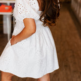 PUFF SLEEVE EYELET MINI DRESS