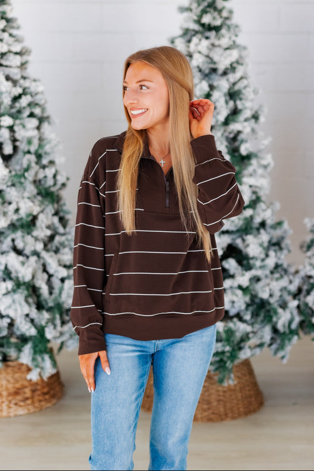 SCUBA STRIPE QUARTER ZIP TOP- ESPRESSO