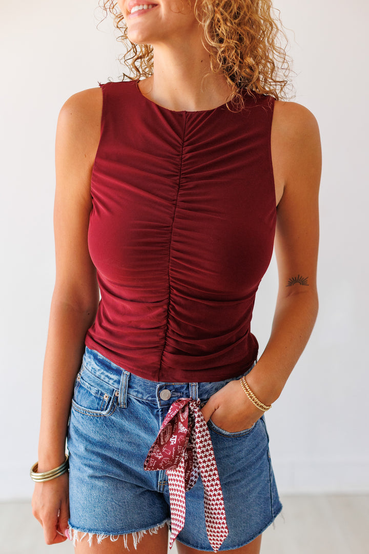BURGUNDY MESH RUCHED TOP