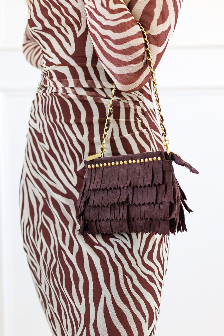 FRINGE SUEDE CLUTCH - ESPRESSO