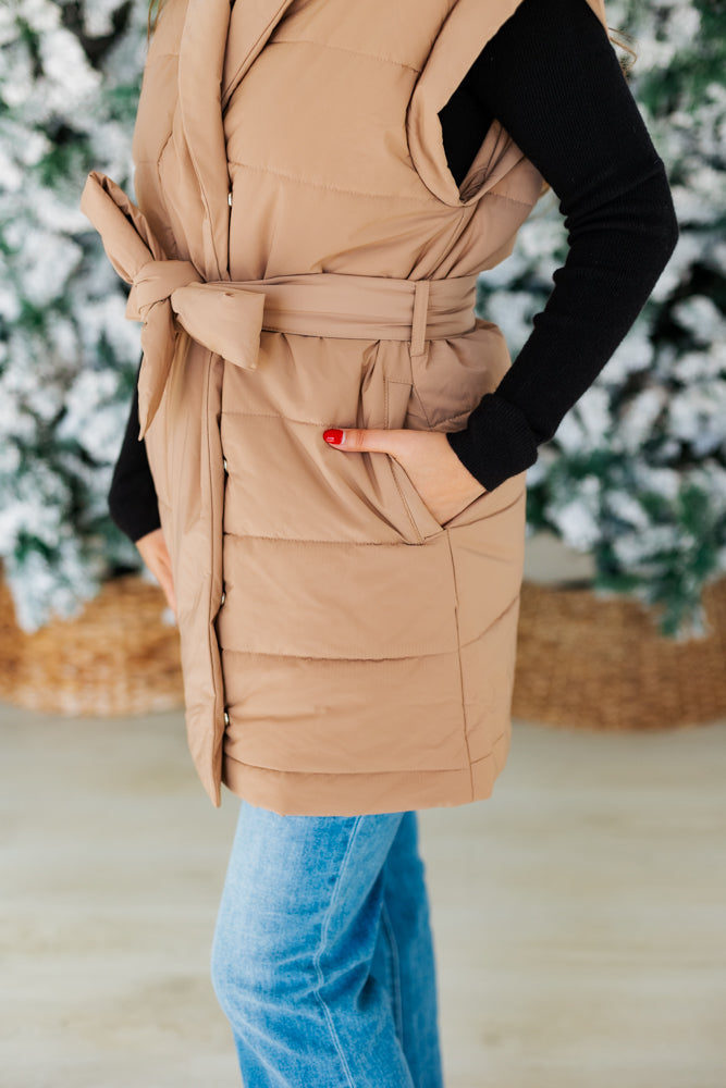 TAUPE SHAWL COLLAR WRAP VEST