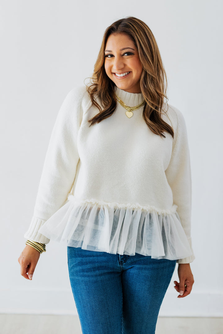 CREAM TULLE HEM SWEATER