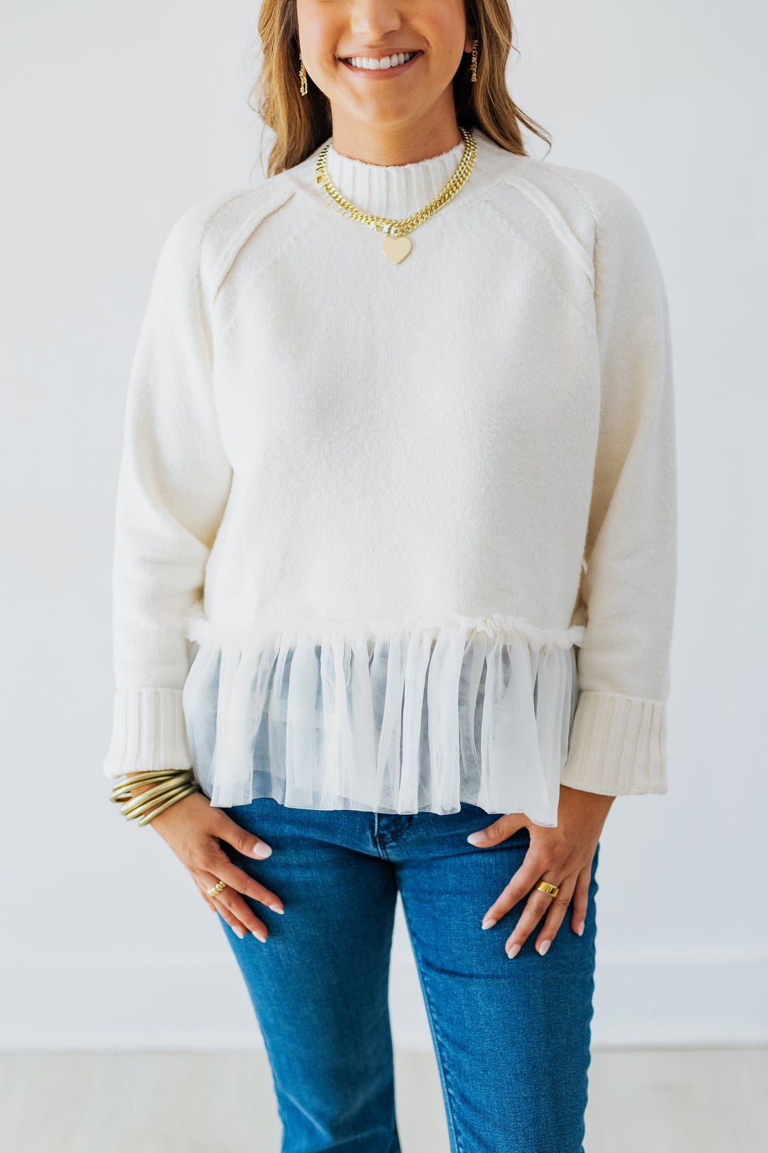 CREAM TULLE HEM SWEATER