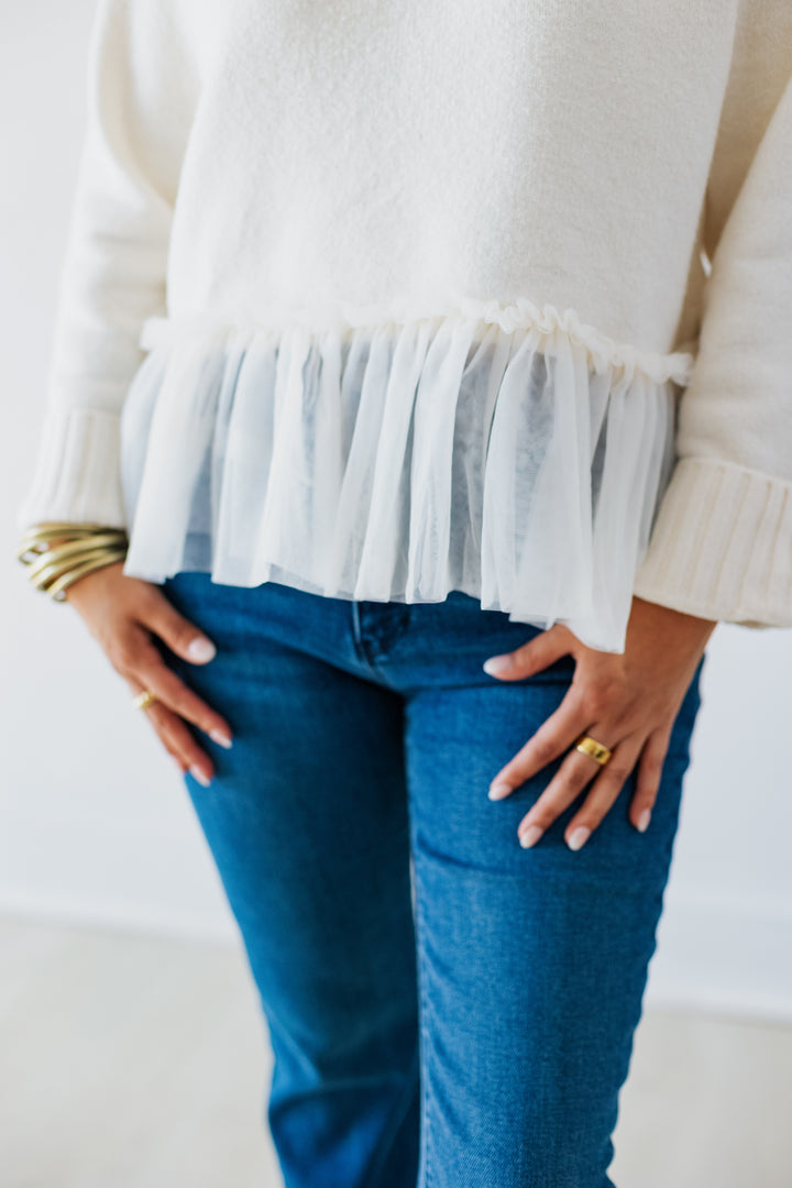 CREAM TULLE HEM SWEATER