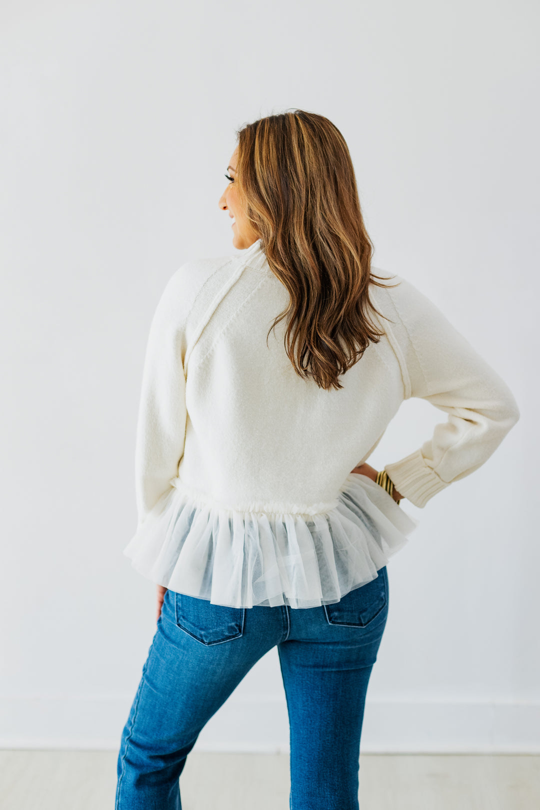 CREAM TULLE HEM SWEATER