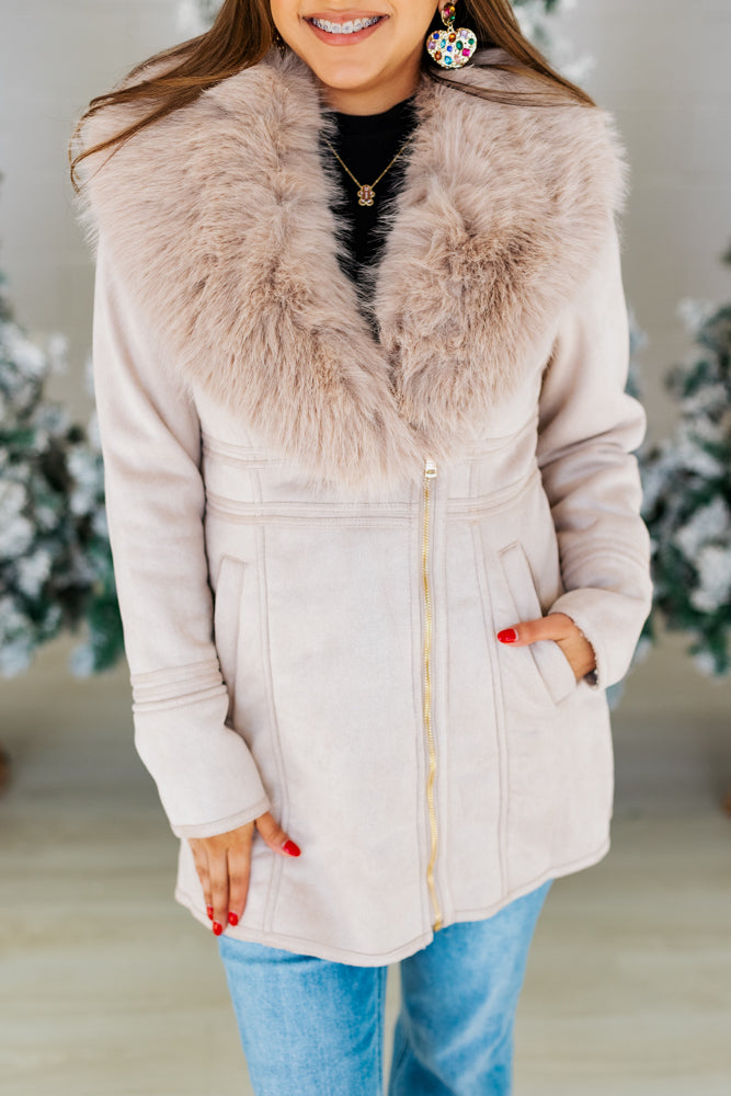 CREAM FUR TRIM SUEDE JACKET