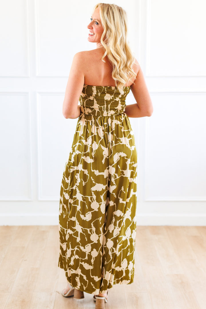 OLIVE PRINT TIE FRONT JUMPSUIT