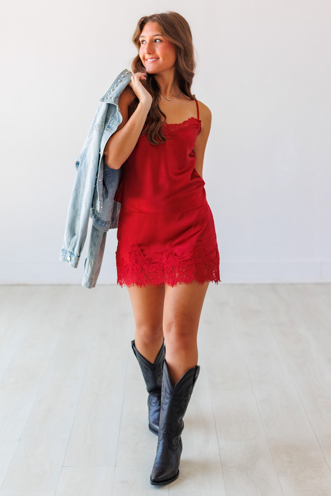 CRIMSON SATIN LACE TRIM CAMI