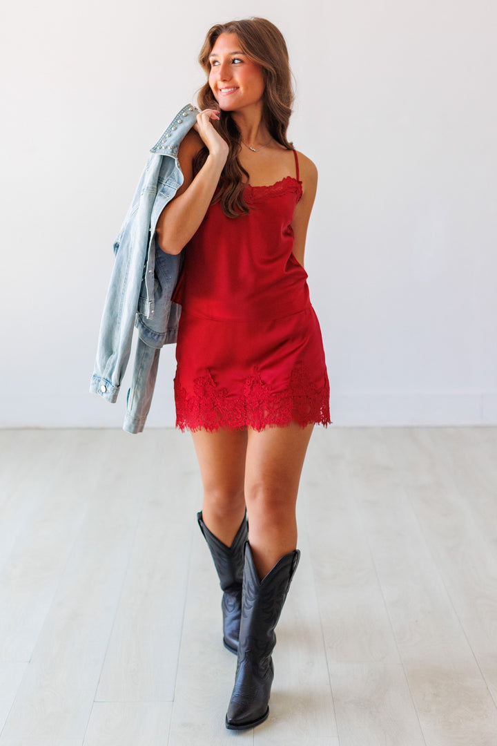 CRIMSON SATIN LACE TRIM CAMI