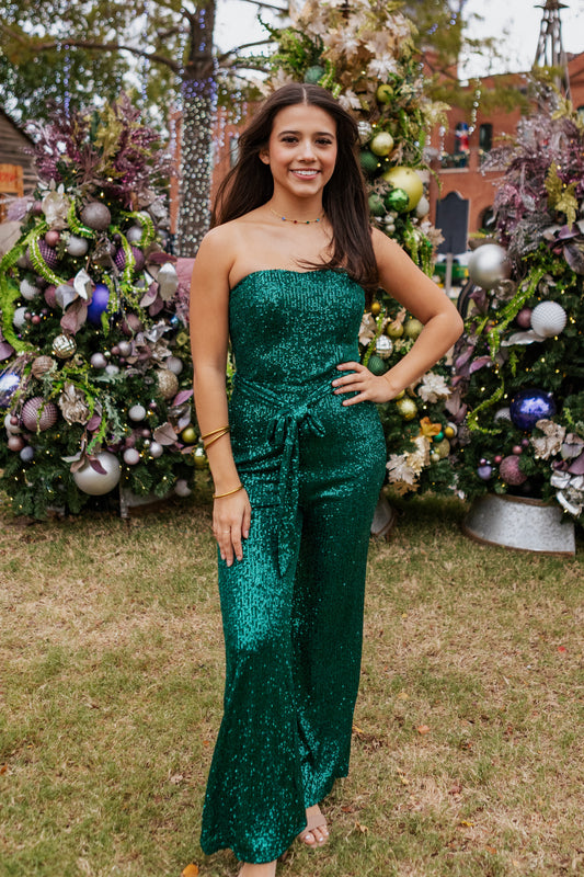 GREEN WITH ENVY SEQUIN JUMPSUIT