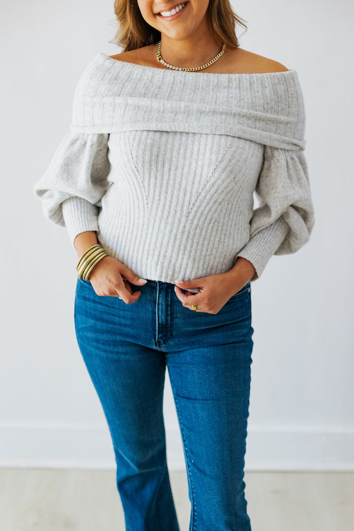 CECILIA OFF THE SHOULDER SWEATER- MARLED GREY